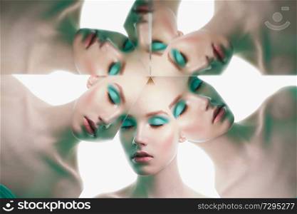 young beautiful woman with bright colorfull makeup isolated on white background. Pretty girl pose in green evening dress in kaleidoscope. Art portrait with mirrors. Conceptual color photography. Fashion style
