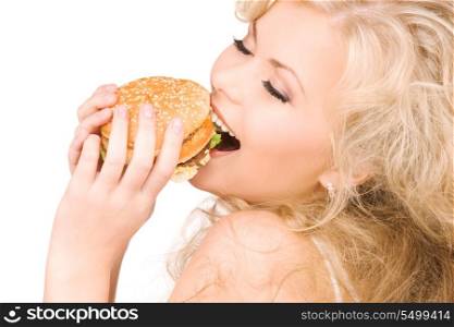 young beautiful woman with burger over white