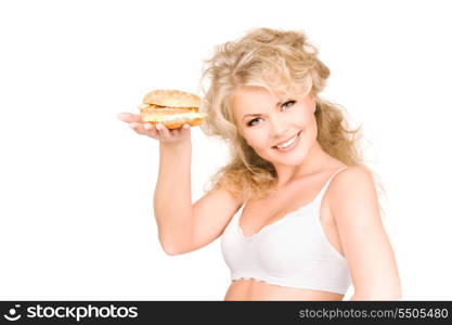 young beautiful woman with burger over white