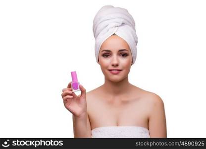 Young beautiful woman with lipstick on white