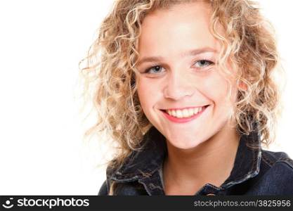 Young beautiful woman with long curly blond hair isolated on white
