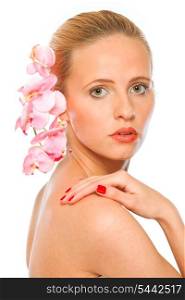 Young beautiful woman with pink orchids in hair holding hand on shoulder isolated on white&#xA;