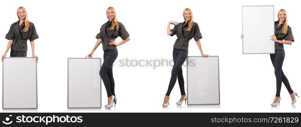 Young beautiful woman with whiteboard isolated on white 