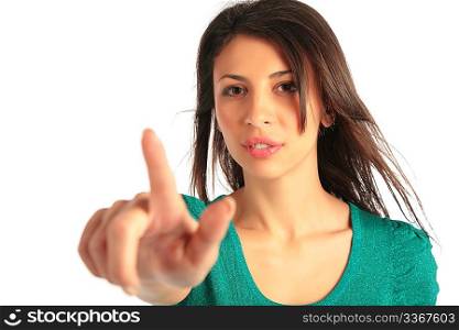 Young beauty girl make gesture by fingers