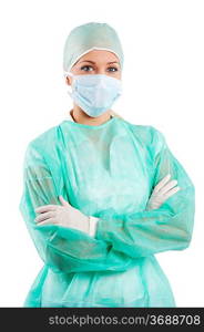 young beauty nurse in green operation dress with surgery cap and mask posing