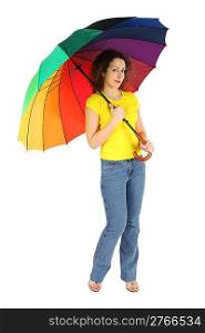 young beauty woman in yellow shirt with multicolored umbrella standing isolated on white