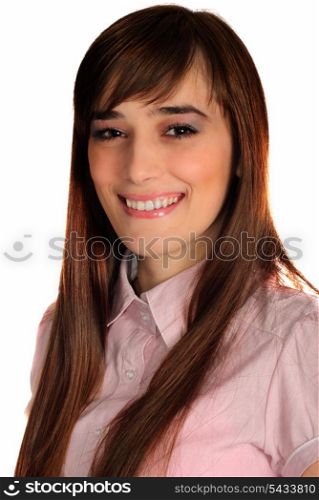 Young beauty woman smile, dressed in pink chemise, isolated on white