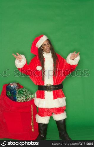 Young Black Santa With Upraised Arms