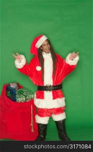 Young Black Santa With Upraised Arms