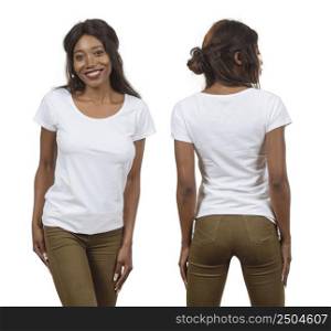 Young black woman posing with a blank white t-shirt ready for your artwork or design.
