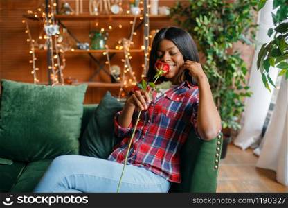 Young black woman with red rose sitting on sofa, romantic meeting at home. Happy african american female person on the couch in living room