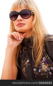 young blond beautiful woman in elegant dress wearing sunglasses over white