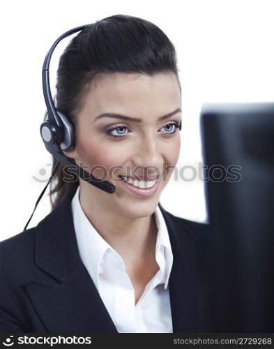 Young blond business woman with headset closeup, over white background
