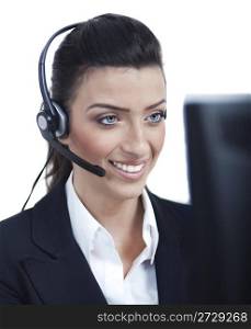 Young blond business woman with headset closeup, over white background