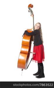 young blond girl embraces double bass in studio against white background