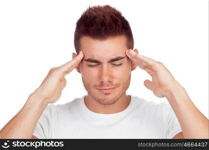 Young blond man with headache isolated on a white background