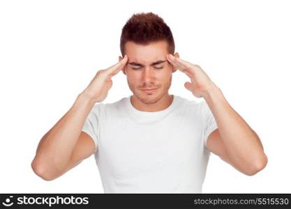 Young blond man with headache isolated on a white background