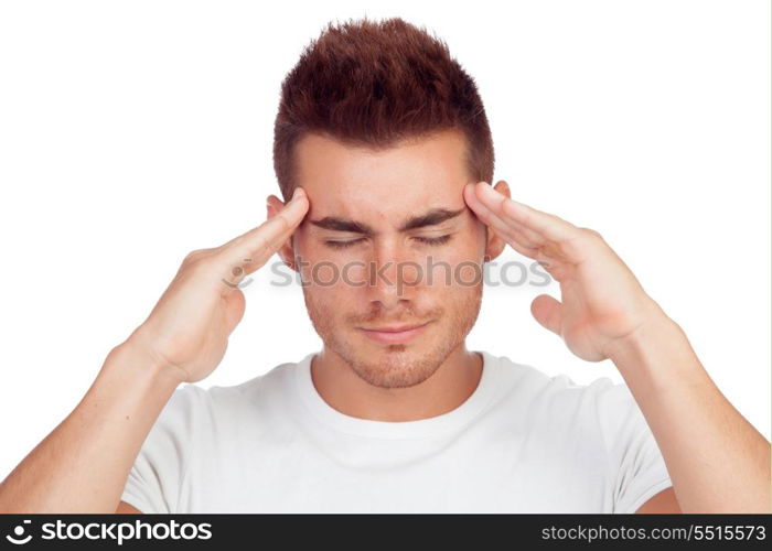 Young blond man with headache isolated on a white background