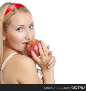 young blond woman and apple