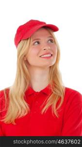 Young blond woman dressed dealer with red uniform isolated on white background