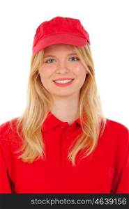 Young blond woman dressed dealer with red uniform isolated on white background