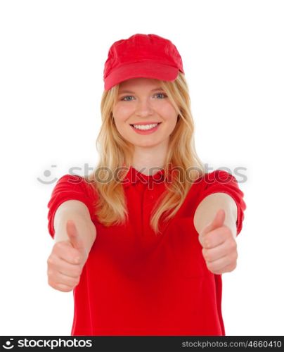 Young blond woman dressed dealer with red uniform saying Ok isolated on white background