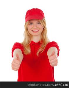 Young blond woman dressed dealer with red uniform saying Ok isolated on white background