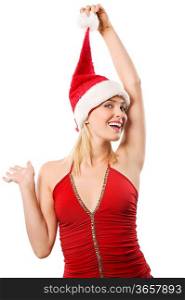 young blond woman with red top and a little gift box wearing a christmas hat