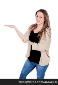 Young blonde girl extended her hand with the finger isolated on a white background