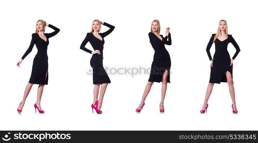 Young blonde girl in black dress showing isolated on white