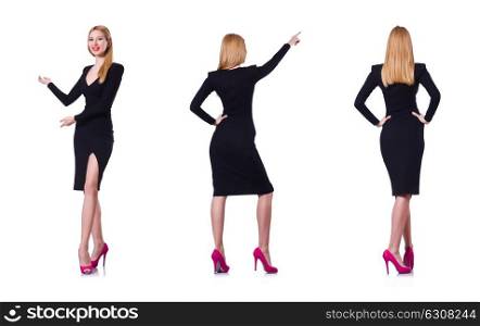 Young blonde girl in black dress showing isolated on white
