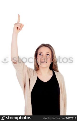 Young blonde girl pointing up with the finger isolated on a white background