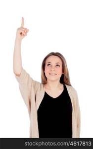 Young blonde girl pointing up with the finger isolated on a white background