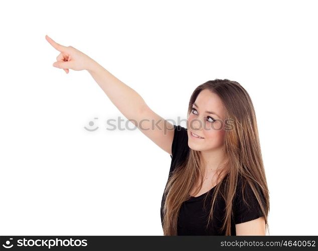 Young blonde girl pointing with the finger isolated on a white background