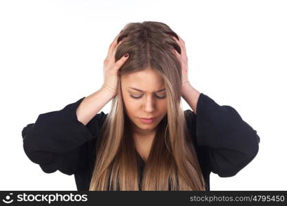 Young blonde girl white headache isolated on a white background