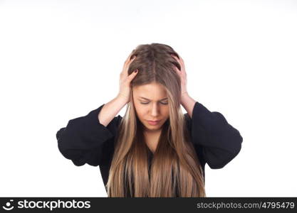 Young blonde girl white headache isolated on a white background