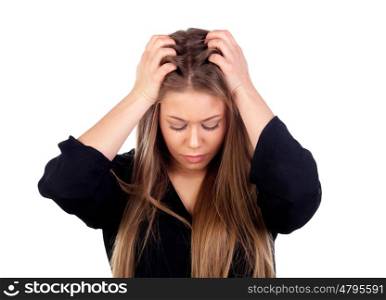 Young blonde girl white headache isolated on a white background