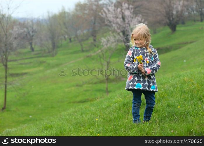 young blonde girl with bunch of dandelions on a green lawn