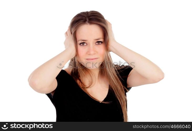 Young blonde girl with headache isolated on a white background