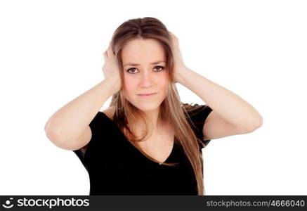 Young blonde girl with headache isolated on a white background
