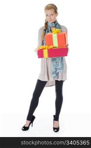 Young blonde woman in a full-length with a gift box. Isolated on white background