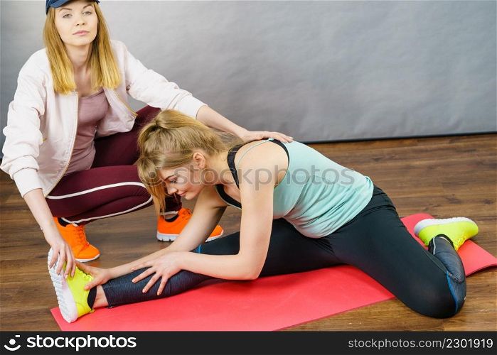 Young blonde woman in sportswear stretching body, working out with her female trainer. Training at home, being fit and healthy.. Woman in sportswear doing workout with trainer
