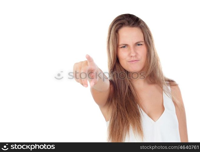 Young blonde woman ordering out isolated on a white background