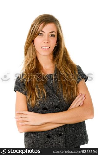 Young blonde woman studio portrait on white background