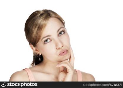 young blonde woman thinking about something. young beautiful blonde woman thinking about something on white background