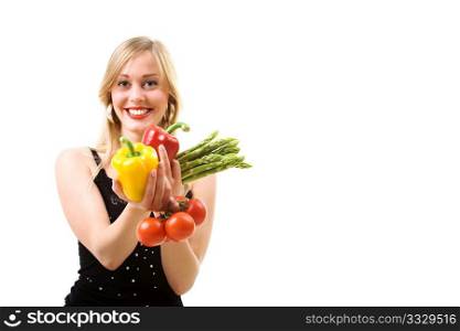 Young blonde woman with fruits and vegetables