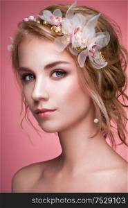 Young blonde woman with tiara on her head. Blonde girl with elegant and shiny hairstyle. Beautiful model woman with curly hairstyle. Care and beauty hair products. Perfect make-up