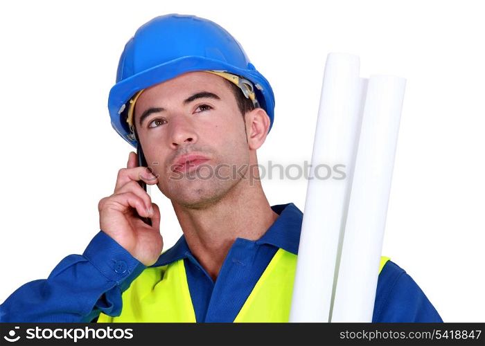 young blue collar on the phone