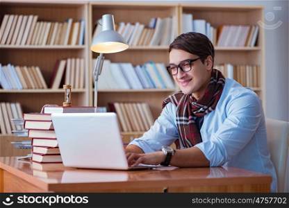 Young book writer writing in library