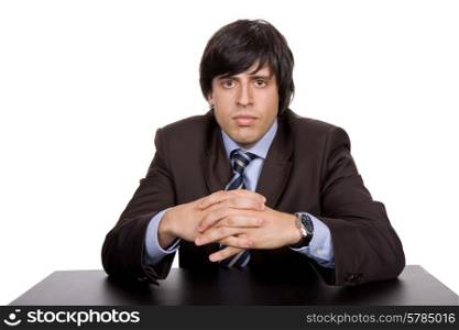young bored businessman on a desk, isolated on white